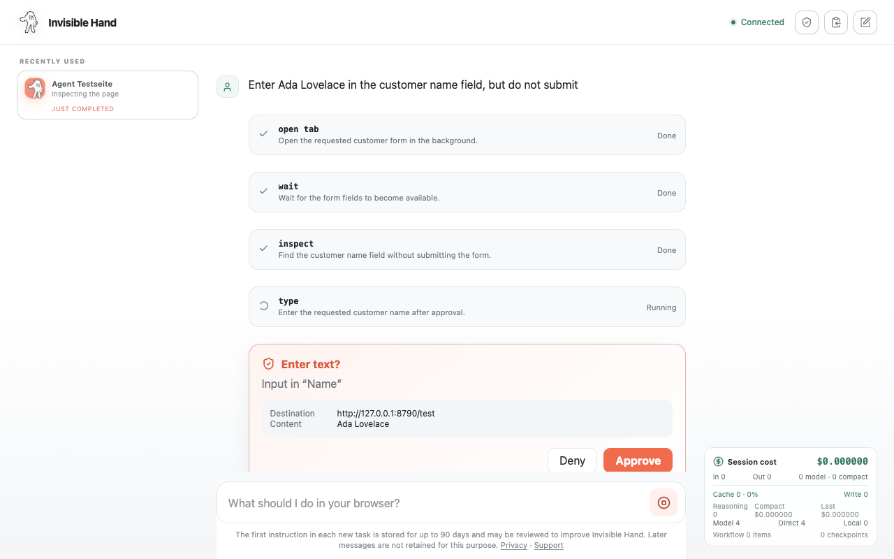 Invisible Hand asking for approval before entering text into a web form