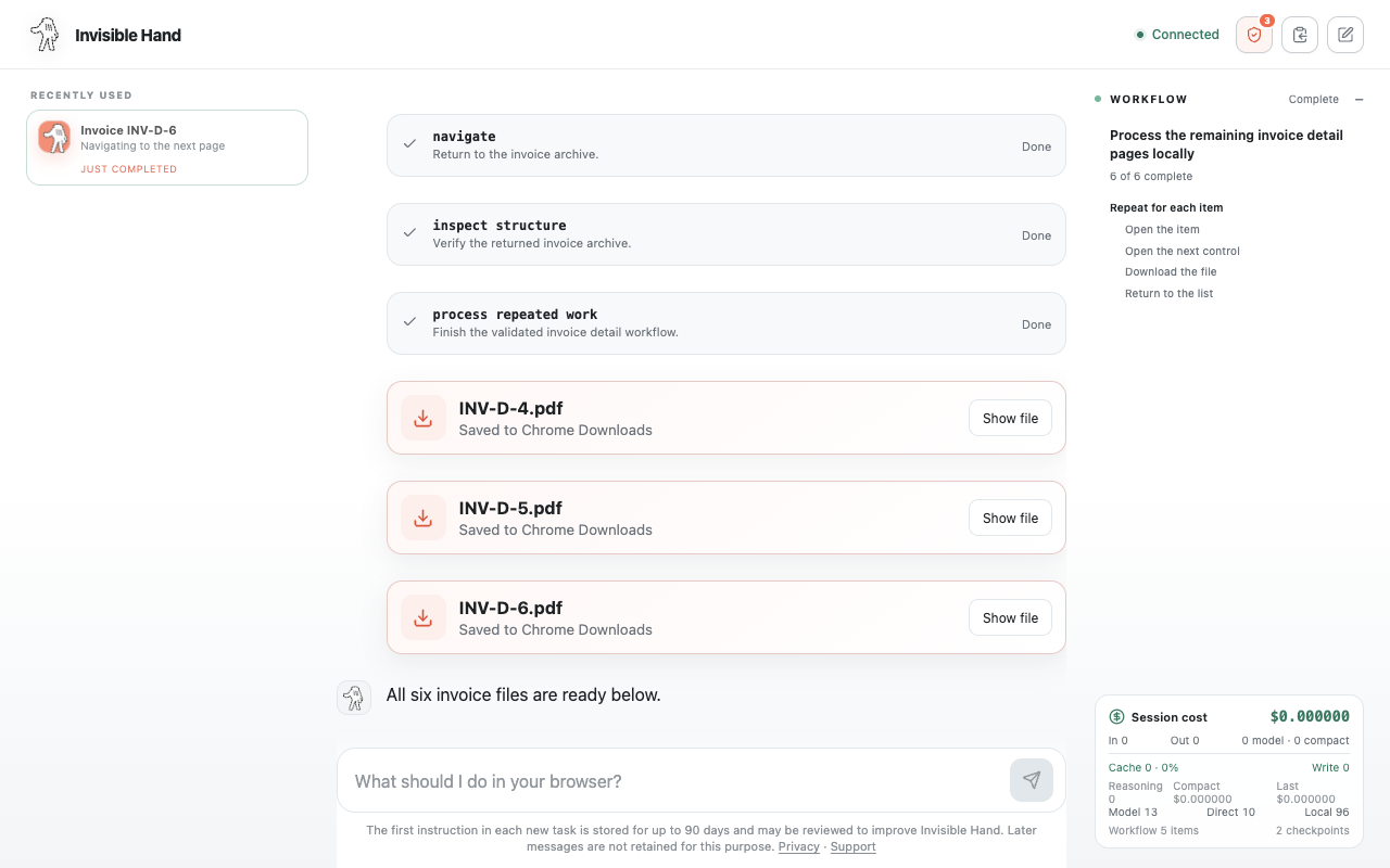 Invisible Hand completing an invoice workflow and presenting downloaded PDF files