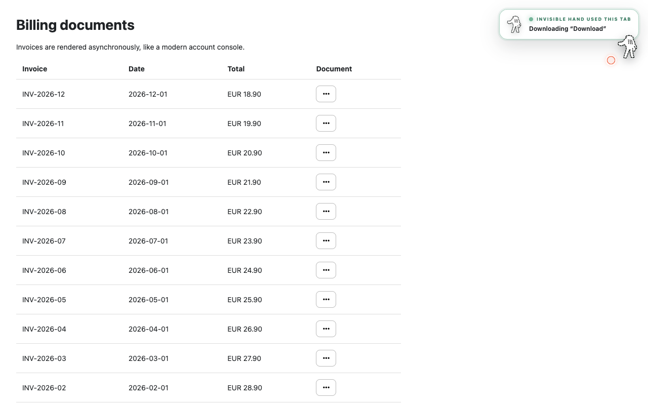 The Invisible Hand page overlay showing an active invoice download action